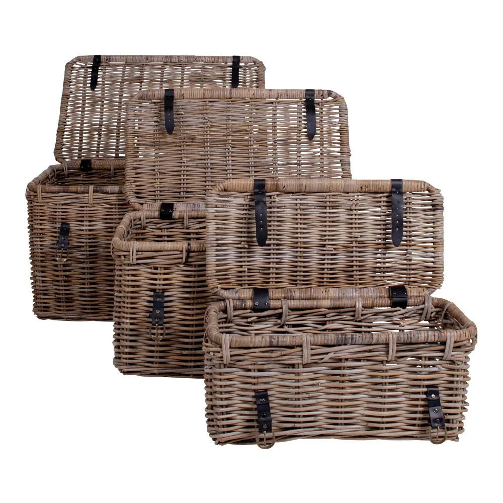 Lot de 3 coffres en rotin kubu gris avec poignées en cuir