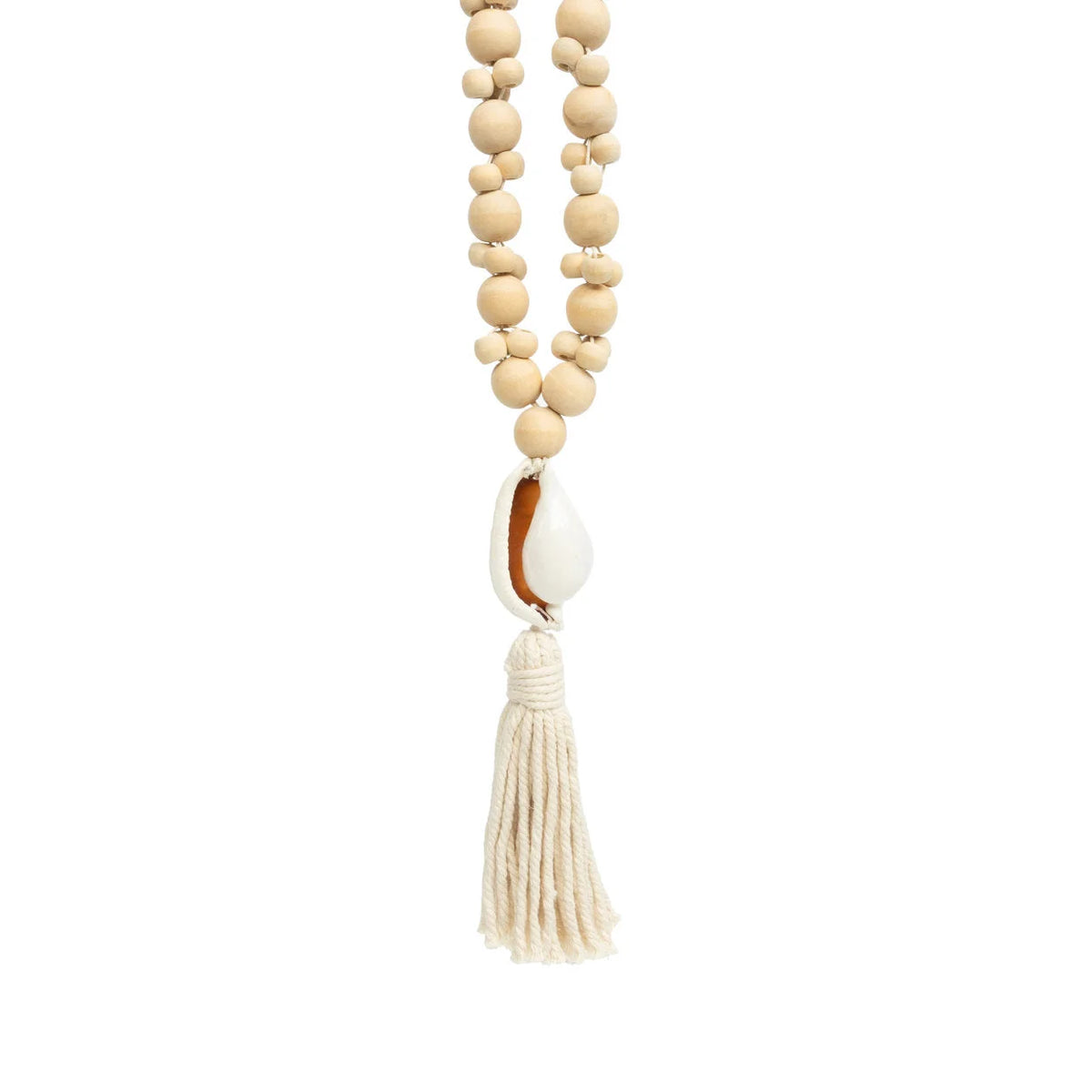 Collier coquillage perles bois crème macramé