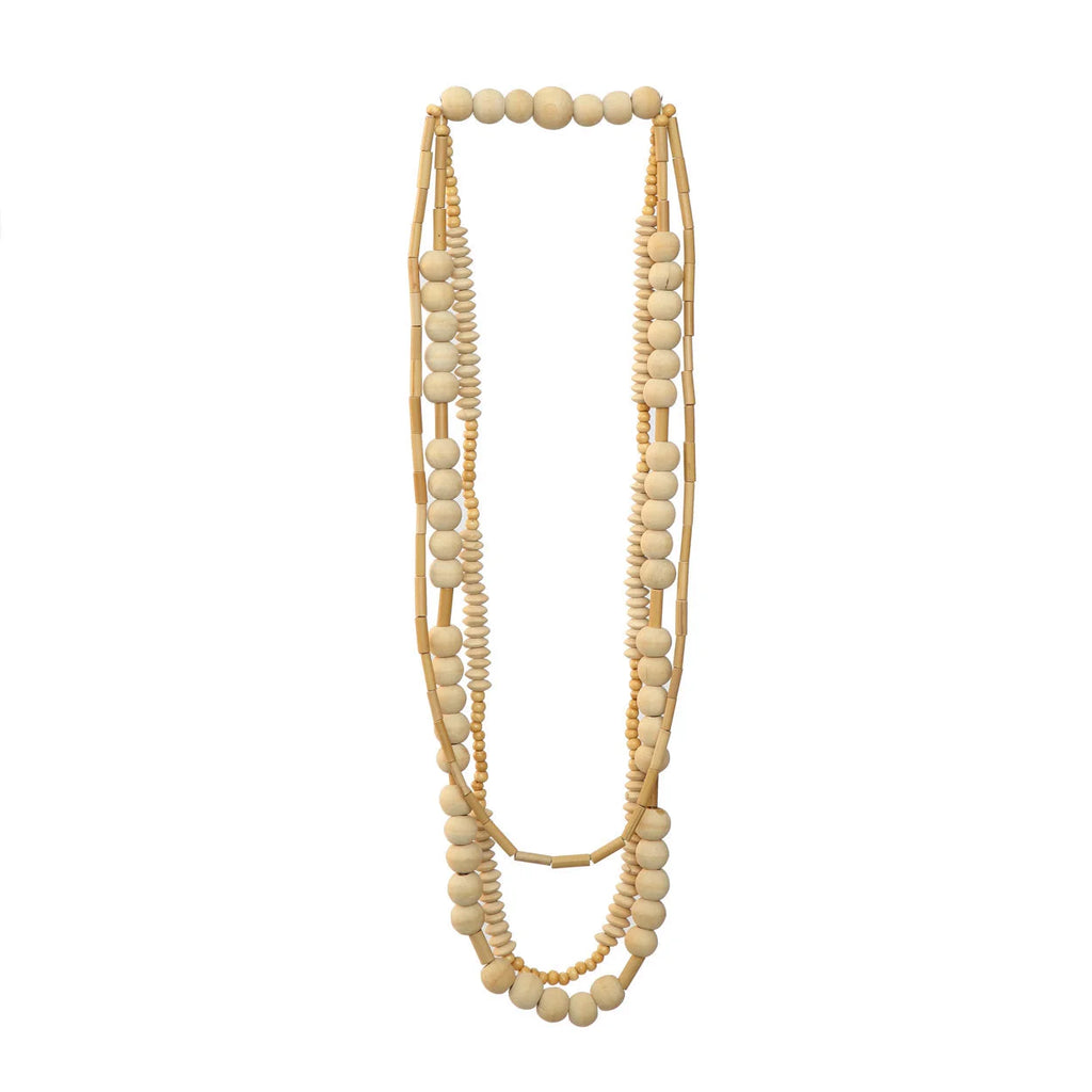 Collier décoratif en perles de bois naturel beige multi-brins