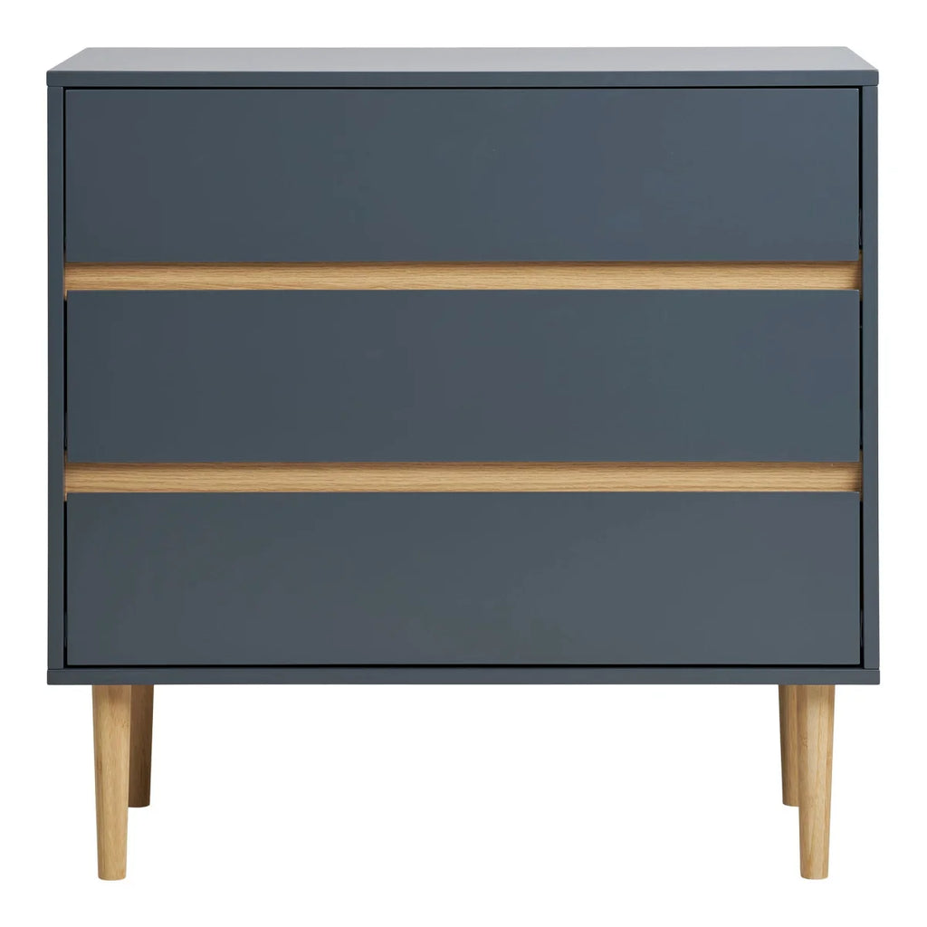 Commode 3 tiroirs gris bleu avec accents bois clair et pieds fuselés 80x40 cm