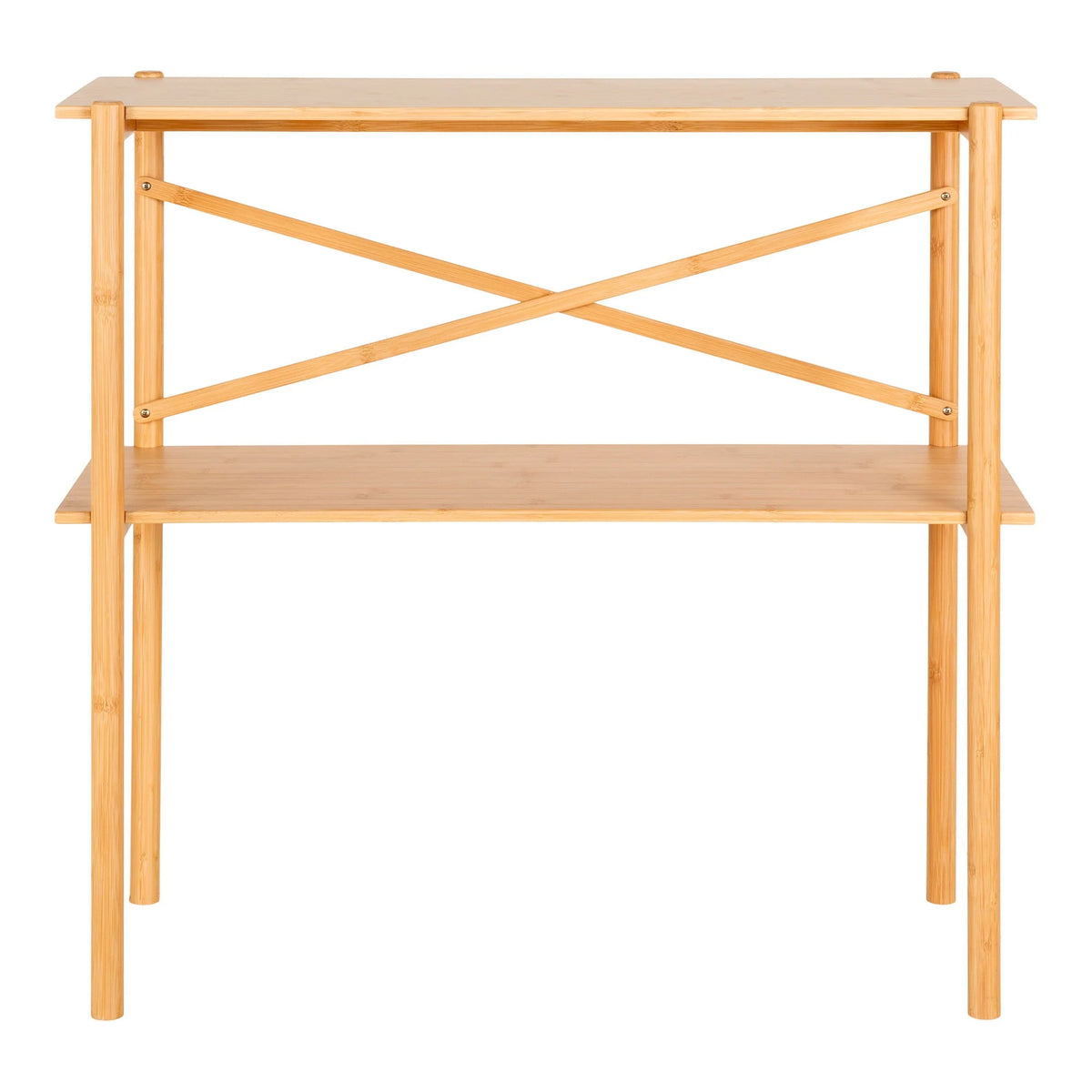 Console en bambou naturel clair à 2 étagères et croisillon, 83x32 cm