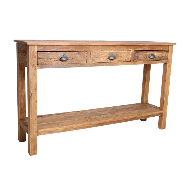 Console bois massif rustique avec tiroirs poignées noires – 150x38 cm
