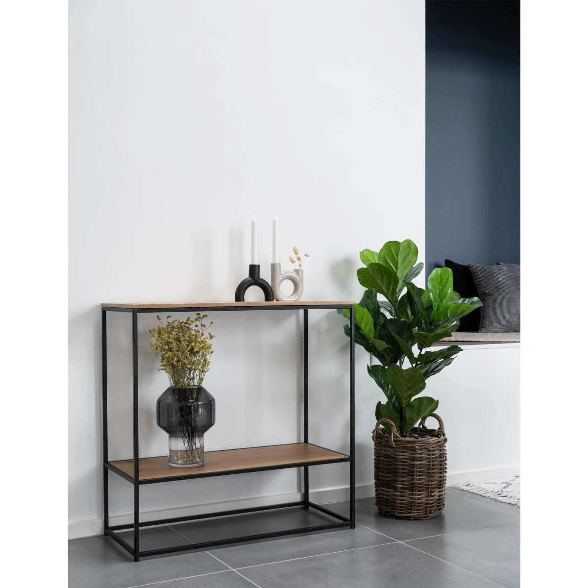 Table console 2 étages bois clair métal noir 80x36 cm
