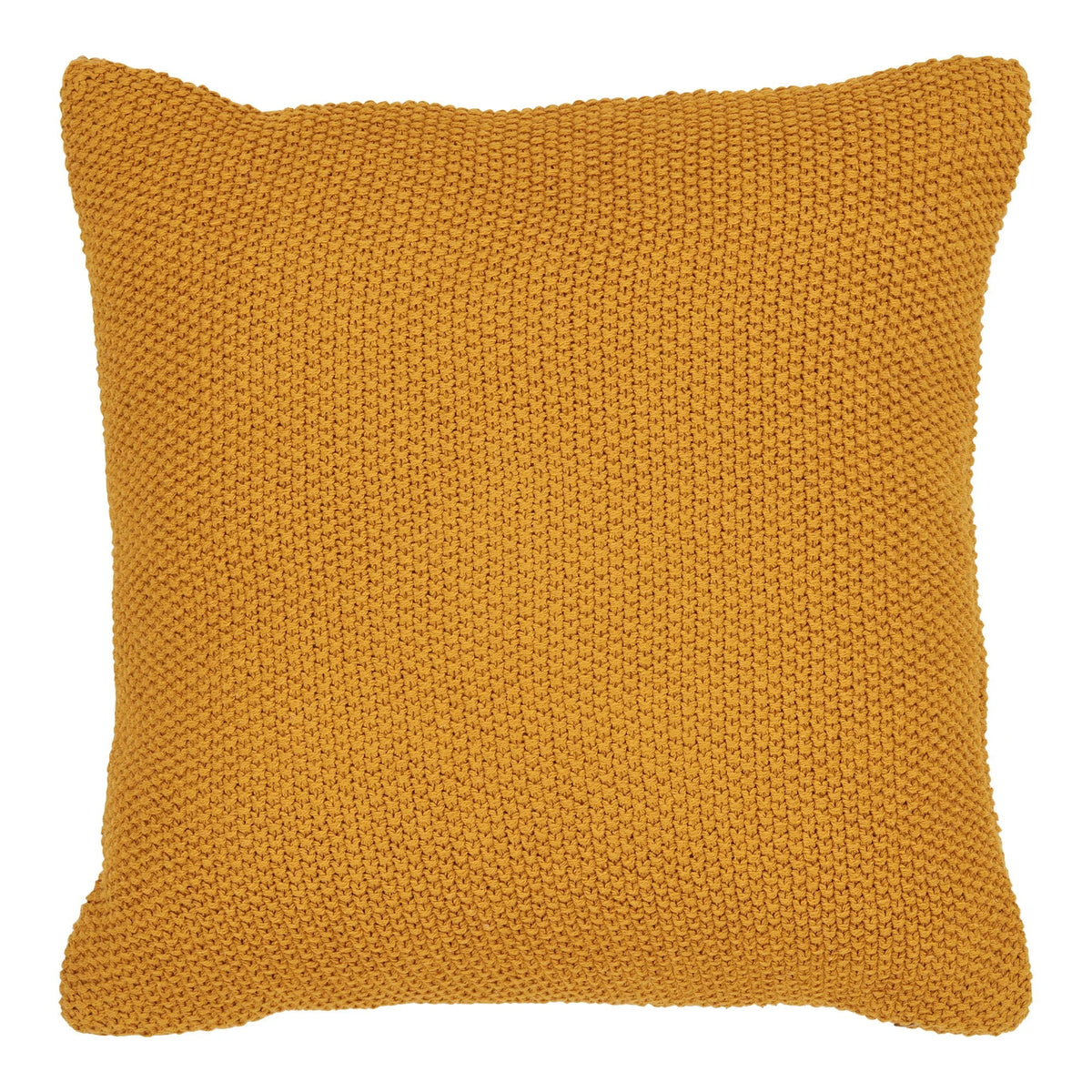 Coussin décoratif carré en coton recyclé ocre texturé, tricoté moutarde