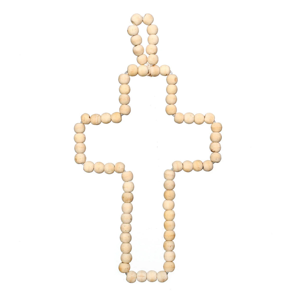 Croix murale en perles de bois naturel à suspendre