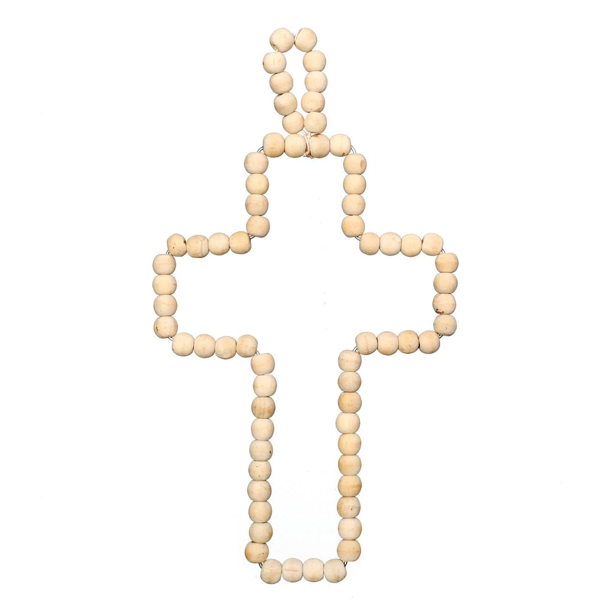 Croix murale en perles de bois naturel à suspendre