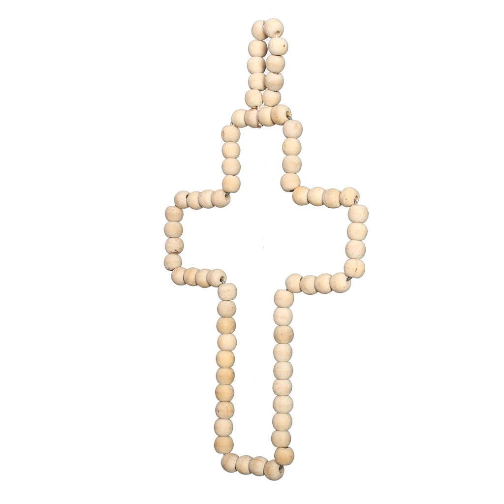 Croix murale en perles de bois naturel rustique off-white à suspendre