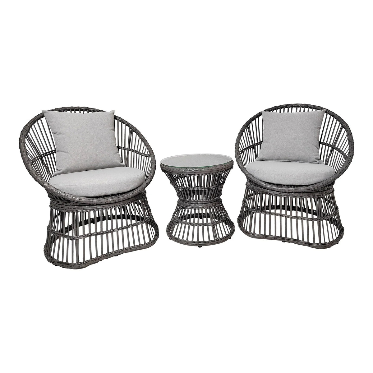 Ensemble lounge en rotin gris avec table ronde et coussins inclus