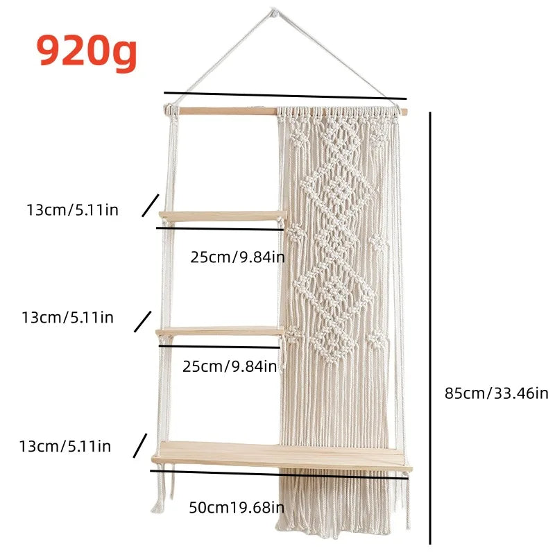 Étagère murale 3 niveaux en macramé dimension