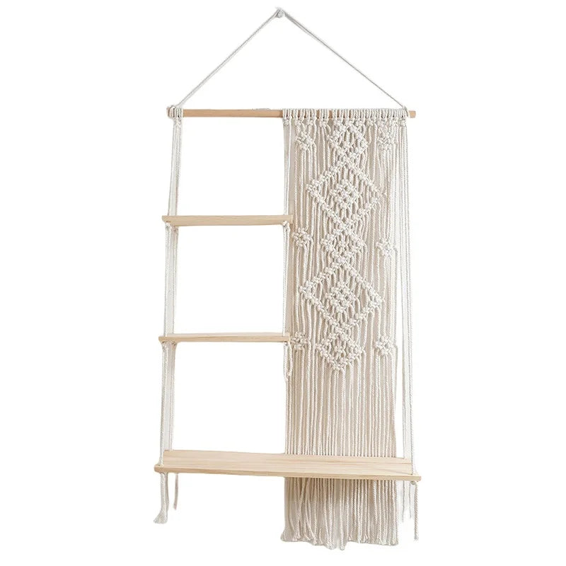 Étagère murale 3 niveaux en macramé fond blanc