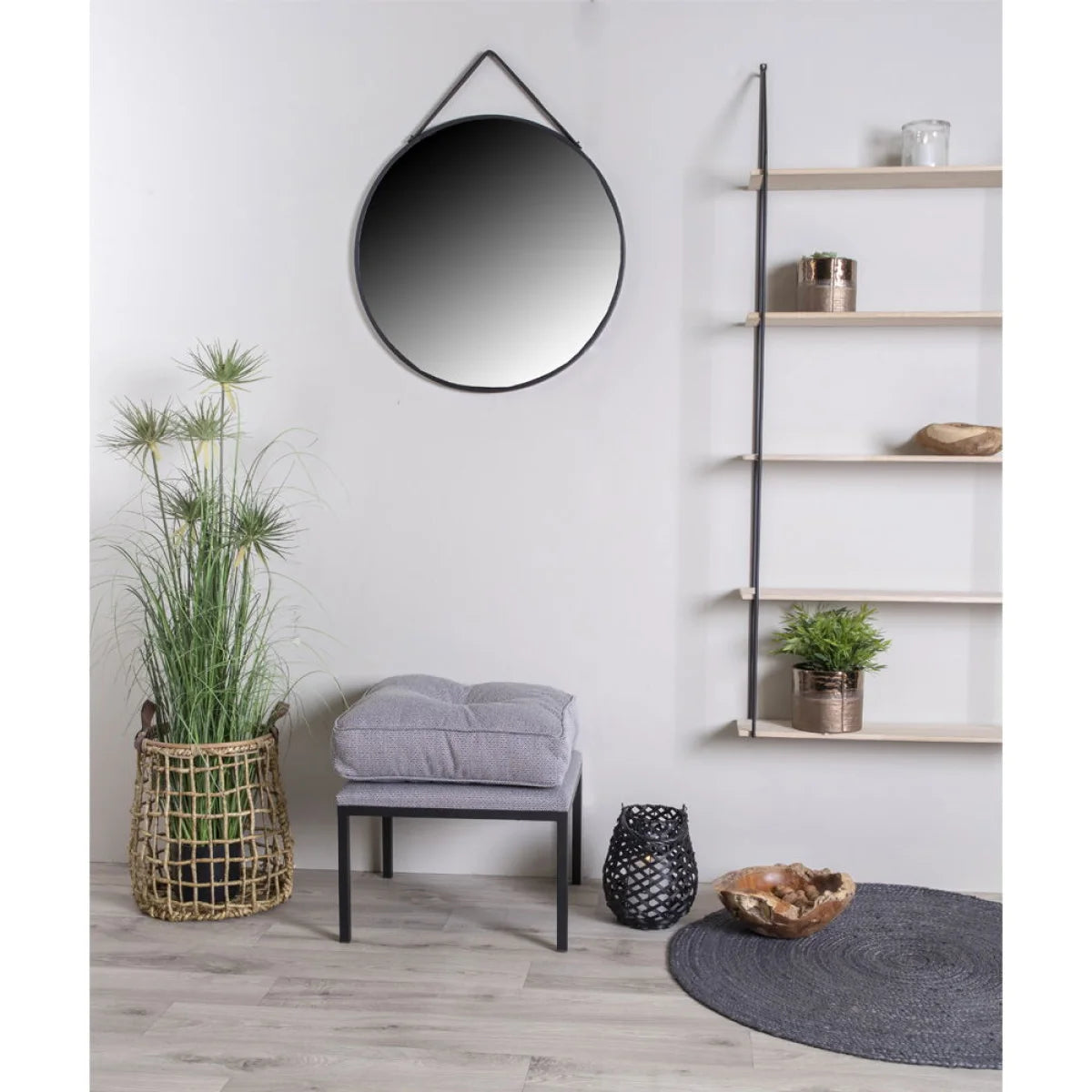 Étagère murale rectangulaire en bois naturel et métal noir 65x17 cm avec miroir rond noir suspendu