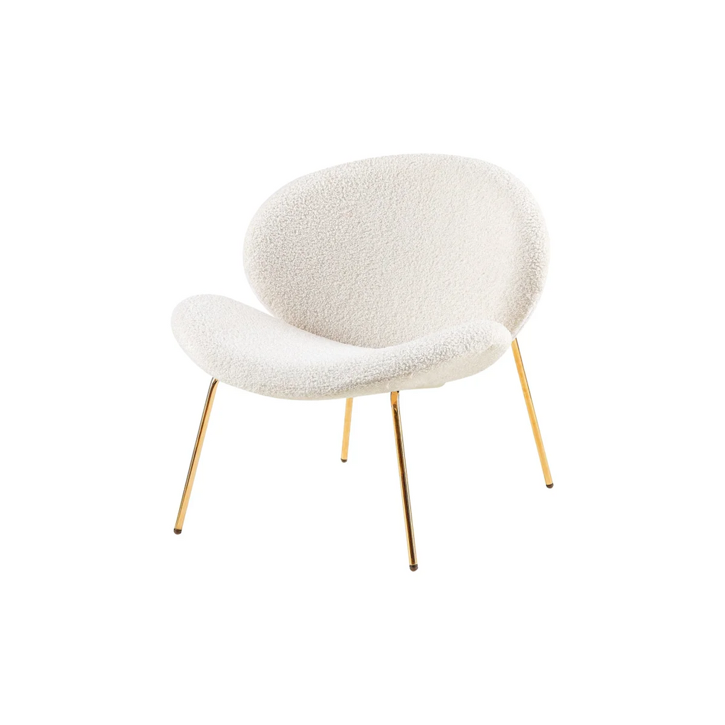 Fauteuil lounge bouclé écru avec pieds dorés, design coquille, lot de 2