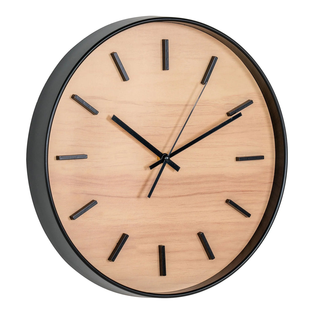 Horloge murale effet bois rond avec cadre noir Ø35 cm pour décoration intérieure