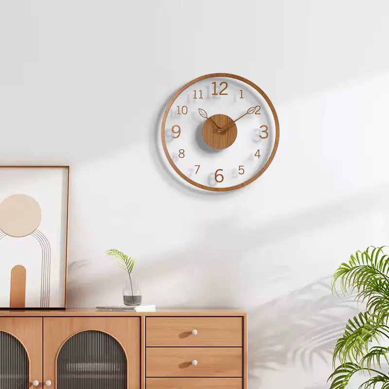 Horloge murale transparente installée dans un salon moderne avec un meuble en bois