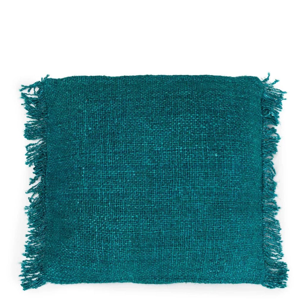 Coussin carré en coton texturé aqua avec franges, décoration intérieure élégante