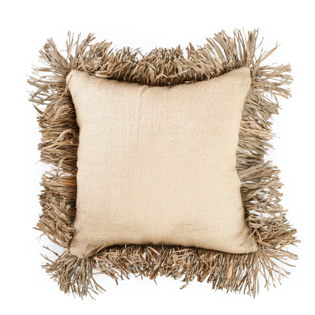Housse de coussin carrée en jute et raphia beige avec franges
