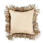 Housse de coussin carrée en jute et raphia beige avec franges