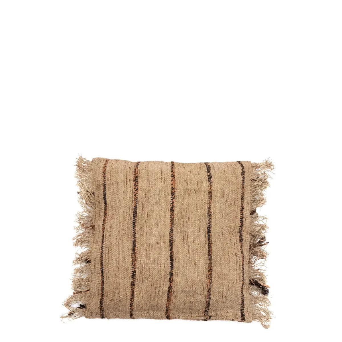 Housse de coussin coton beige noir 40x40 cm avec rayures verticales et bords effilochés