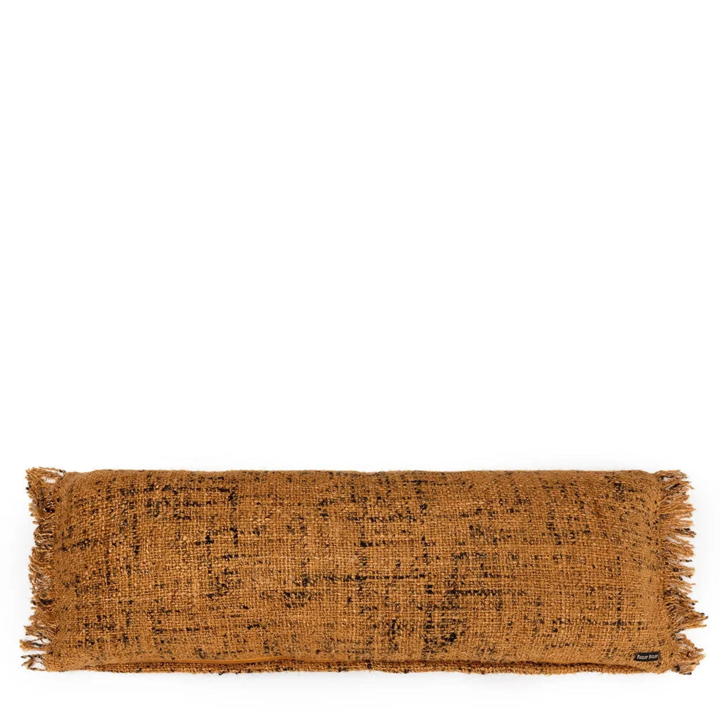 Coussin décoratif rectangulaire en coton cannelle noir 35x100 cm avec tissu texturé et bords frangés