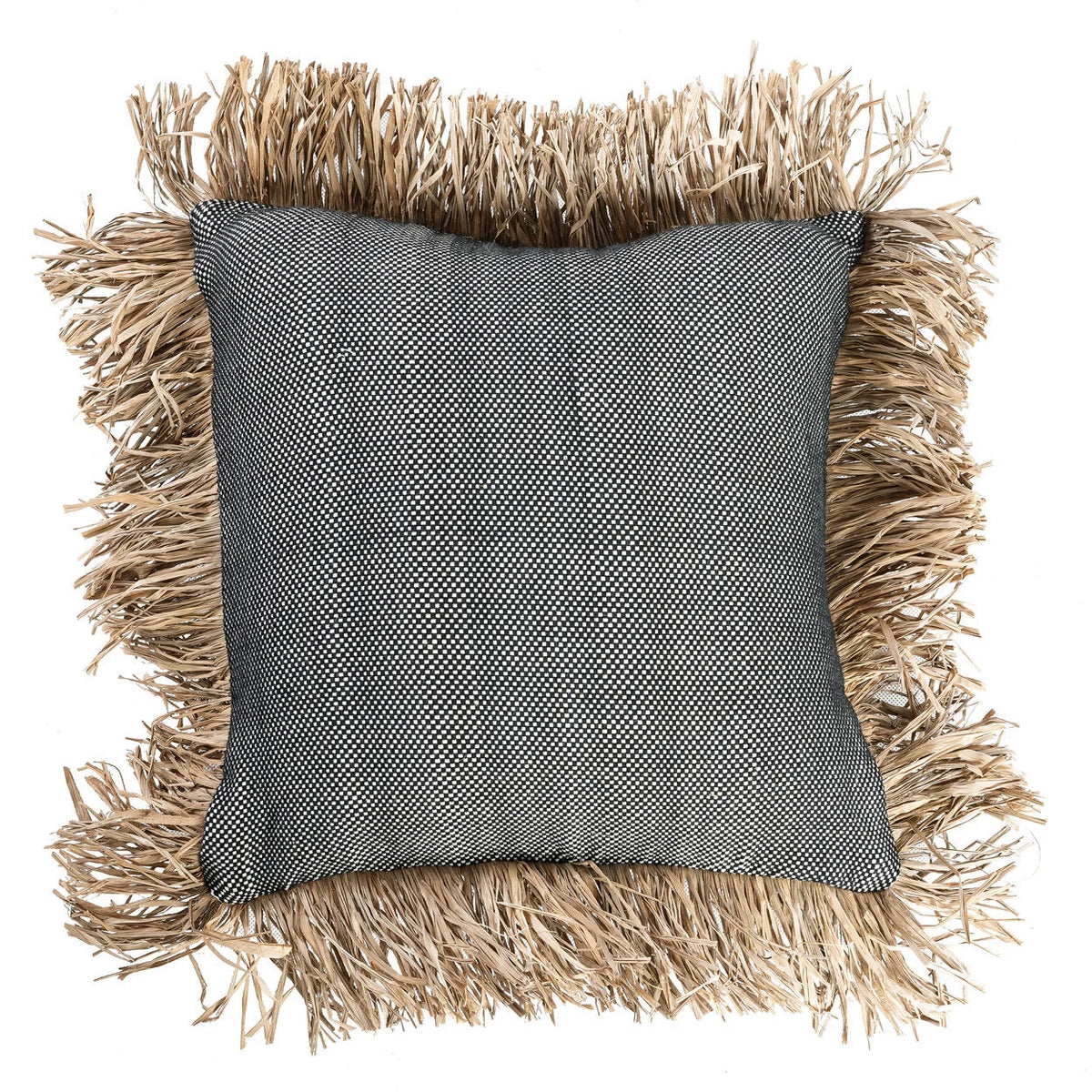 Housse de coussin coton noir naturel à franges en raphia - 40x40 cm