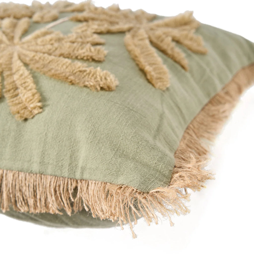 Coussin carré vert olive en coton avec franges en fibres naturelles