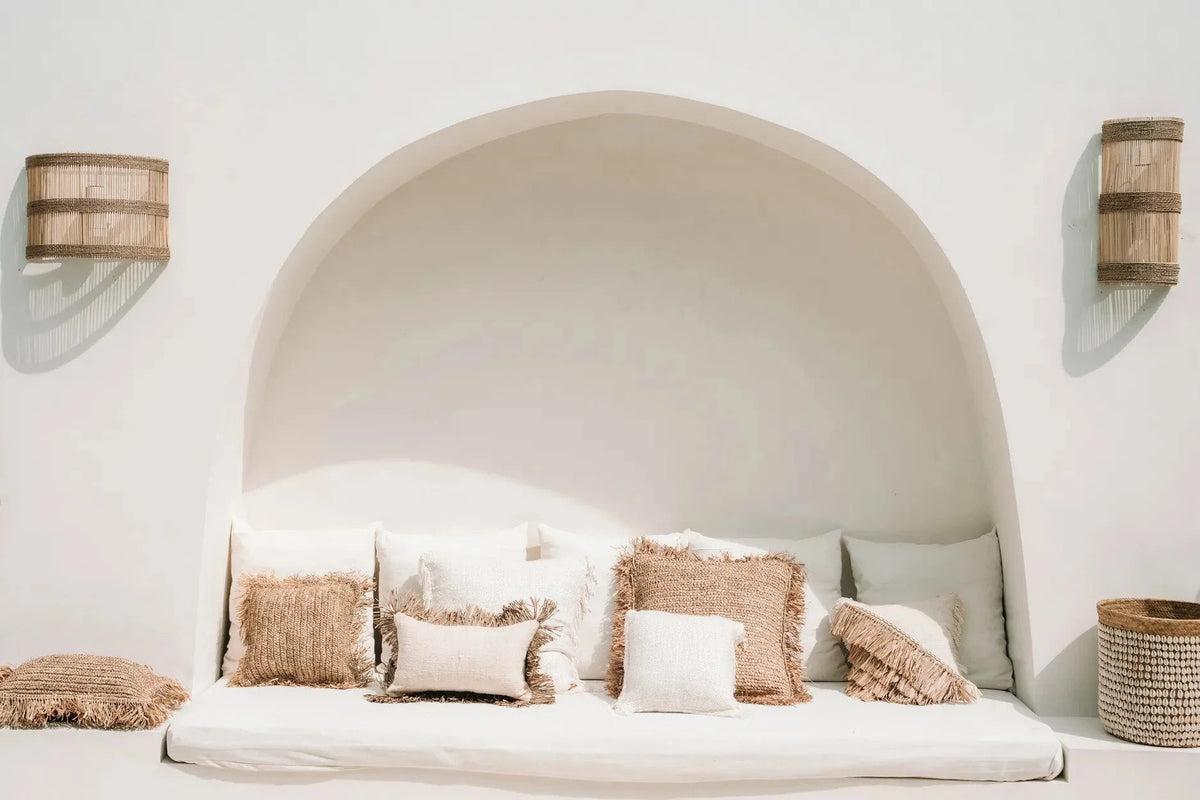 Housse de coussin crème en coton avec franges 40x40 cm beige tressé