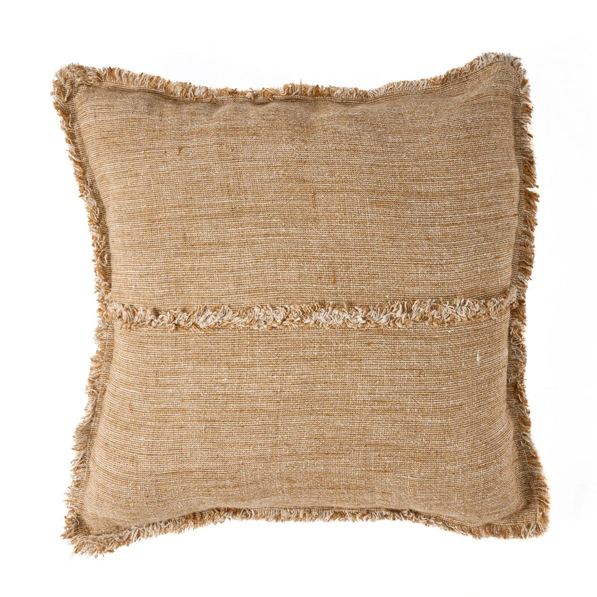 Housse de coussin lin frangé beige camel 50x50 cm rectangulaire tissée
