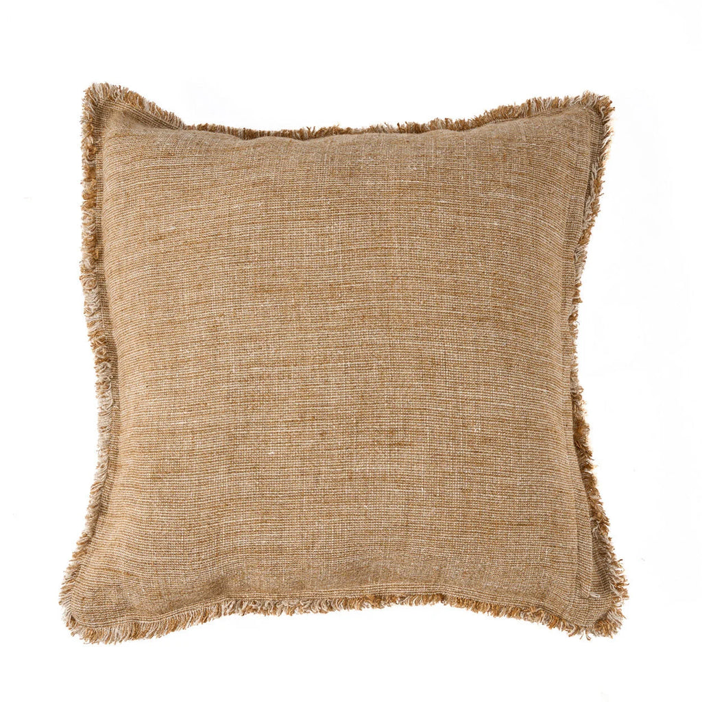Housse de coussin lin frangé beige camel 50x50 cm, détail couture verticale
