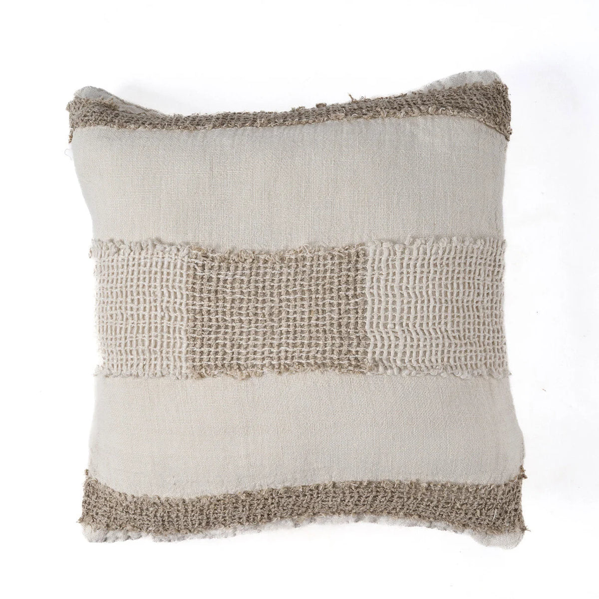 Housse de coussin en lin texturé écru et beige avec bandes tissées horizontales