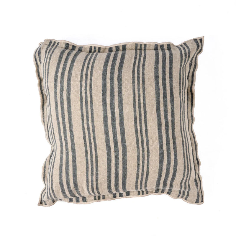 Housse de coussin rayée en lin beige et bleu gris avec volants plats