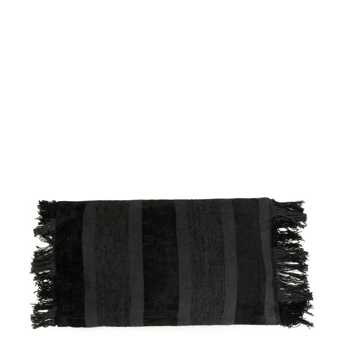 Housse de coussin rectangulaire rayé en velours noir à franges – 30x50 cm