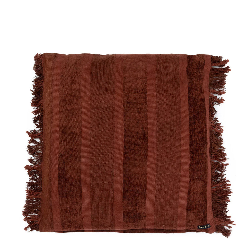 Housse de coussin en velours bordeaux rayé à franges– 60x60 cm