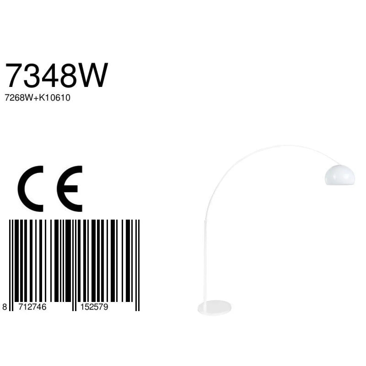 Lampadaire arc métal blanc avec abat-jour opalin diffusant la lumière chaleureuse