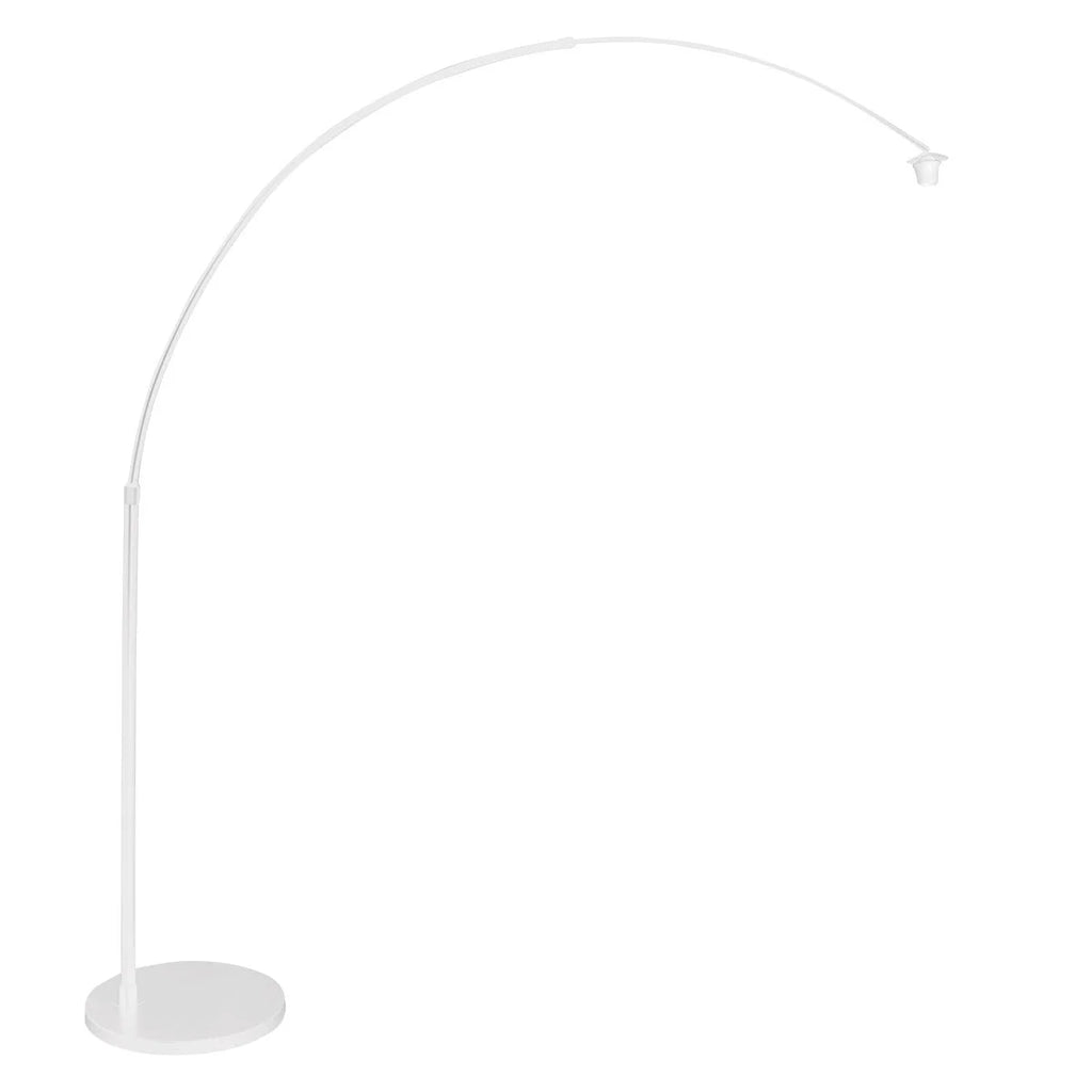 Lampadaire arc métal blanc avec abat-jour opalin et socket exposé, hauteur 240 cm