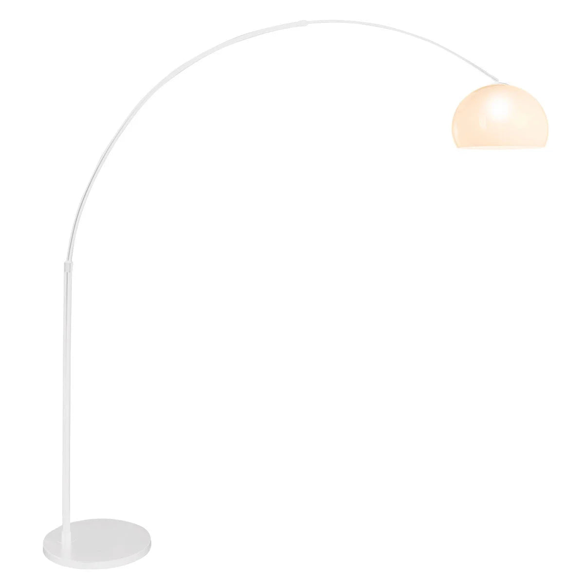Lampadaire arqué en métal blanc avec abat-jour opalin et diffuseur, hauteur 240 cm