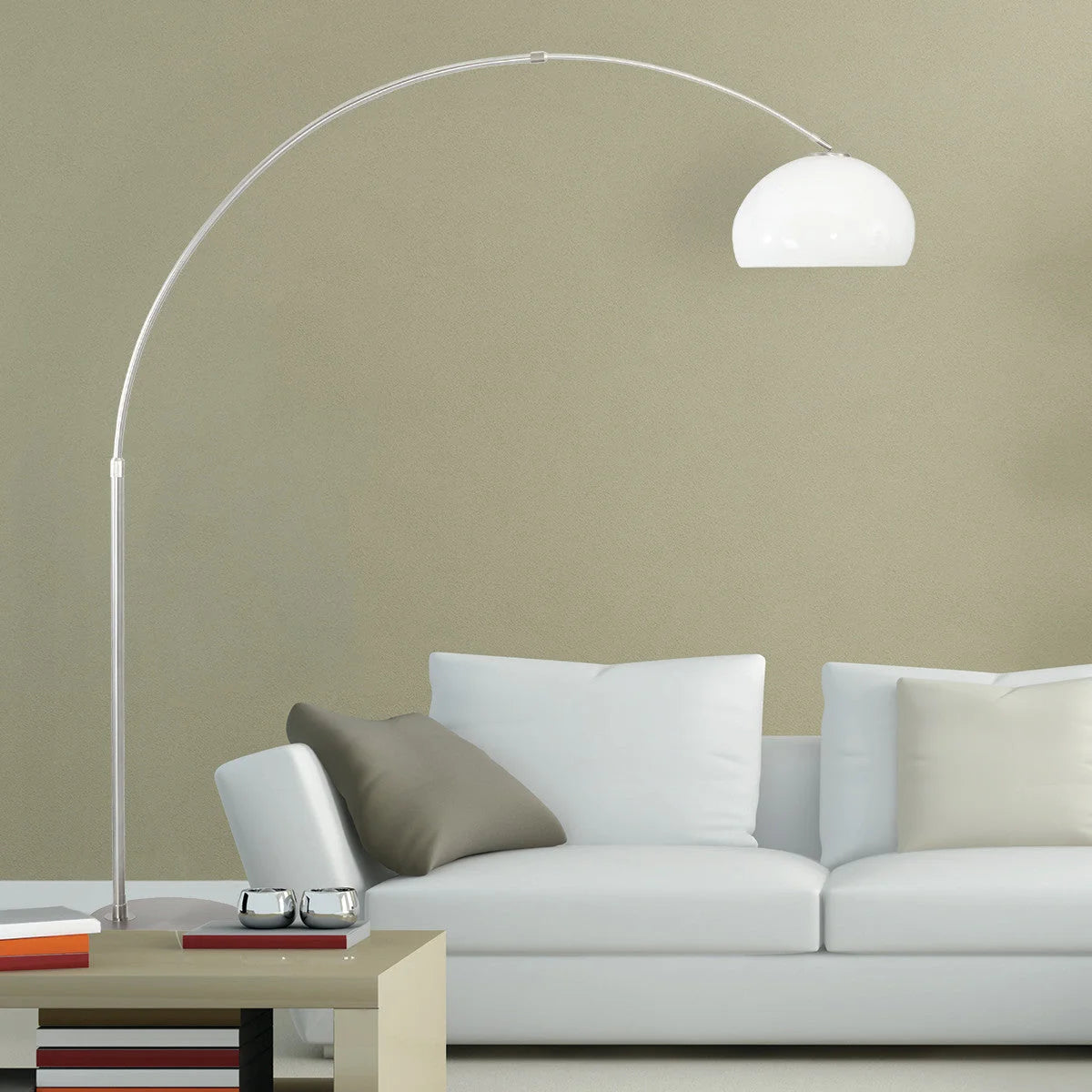 Lampadaire arc en métal brossé avec abat-jour blanc hémisphérique H240 cm