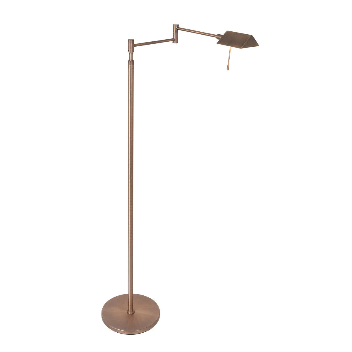 Lampadaire liseuse en métal bronze brossé avec bras articulé et abat-jour rectangulaire