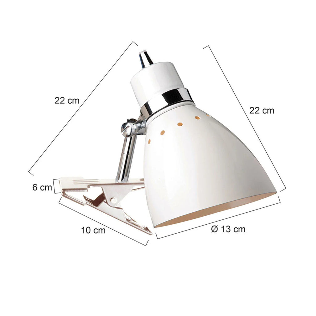 Lampe de bureau à pince blanc orientable avec interrupteur intégré et dimensions visibles