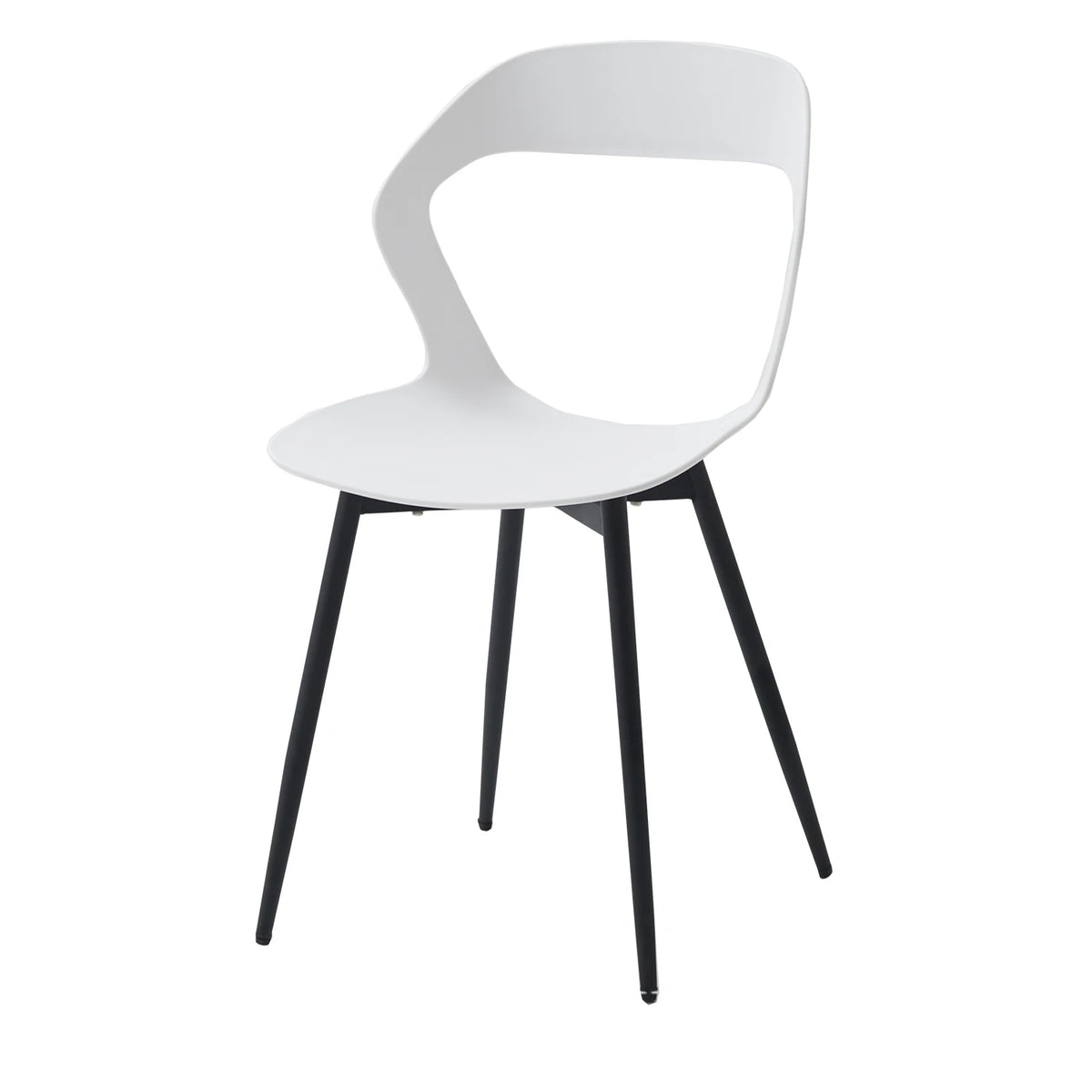 Profil d’une chaise contemporaine blanche avec pieds noirs, idéale pour salle à manger ou bureau.
