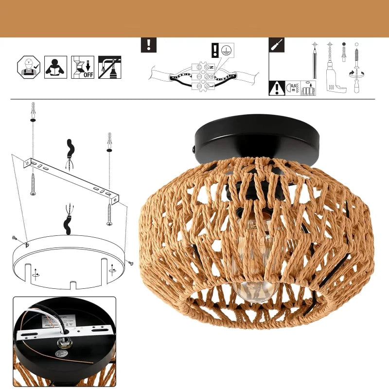 Schéma d'installation facile du luminaire plafonnier en rotin avec ampoule LED.