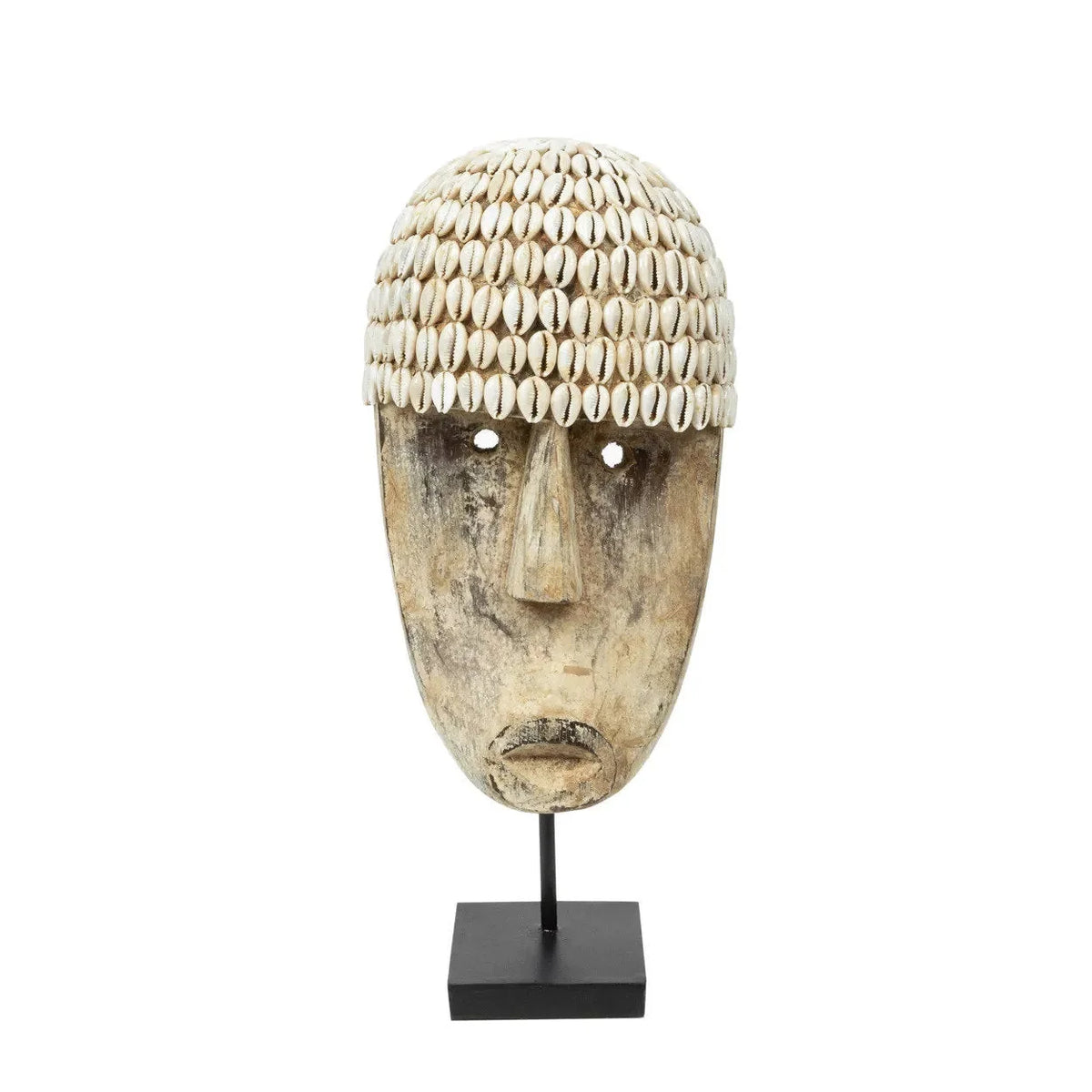 Masque décoratif en bois avec coquillages, 40 cm, idéal décoration artisanale