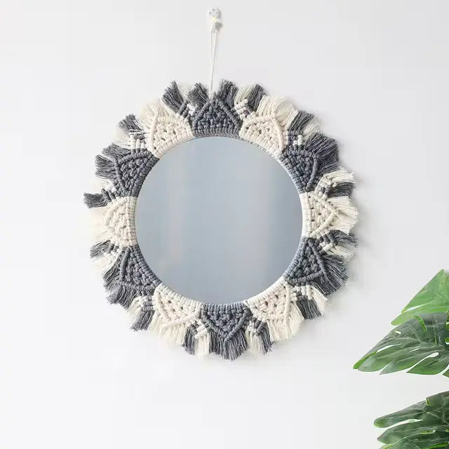 Miroir macramé deux couleurs tissé à la main gris