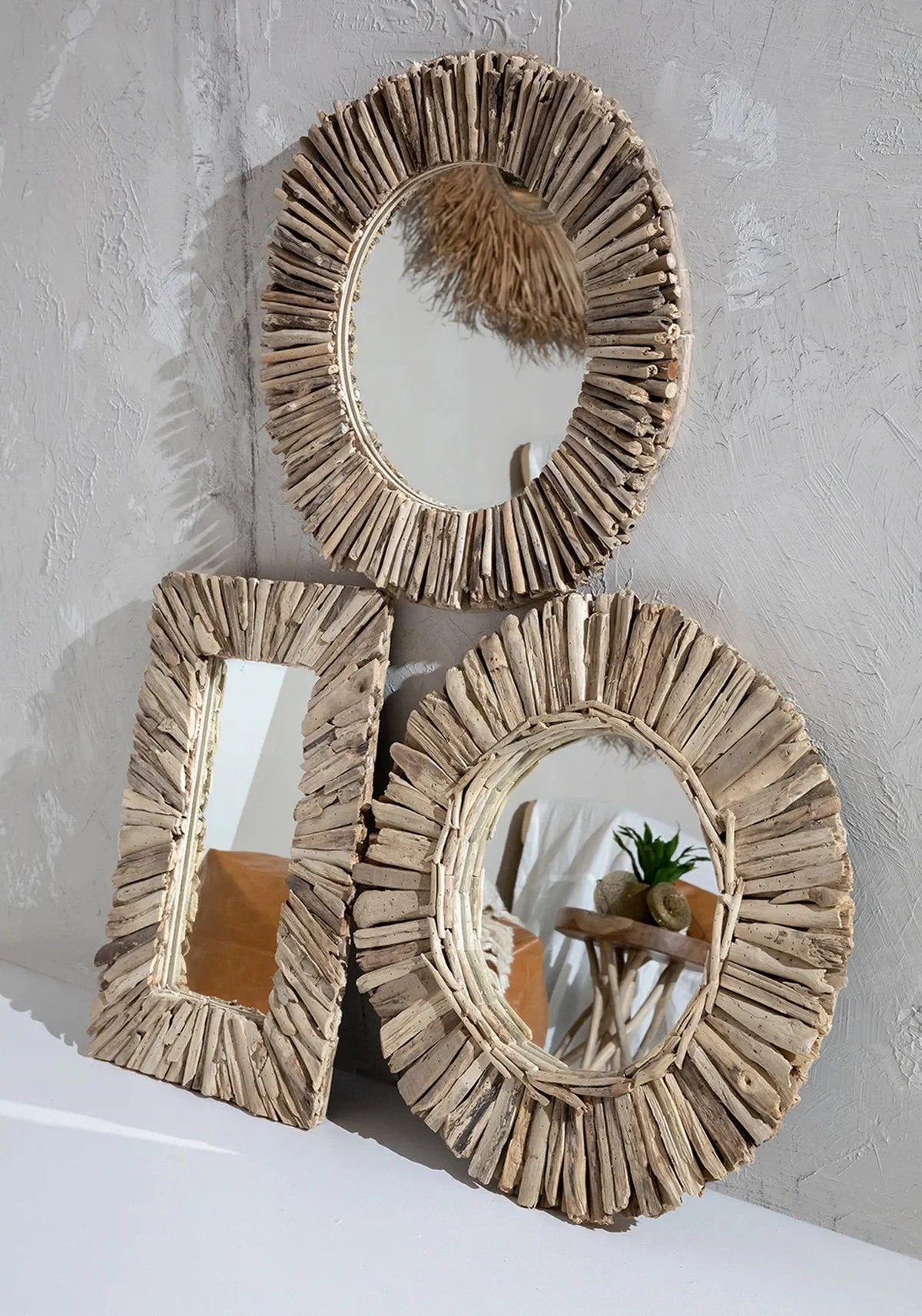 Miroirs décoratifs avec cadres en bois flotté naturel, 60x41 cm