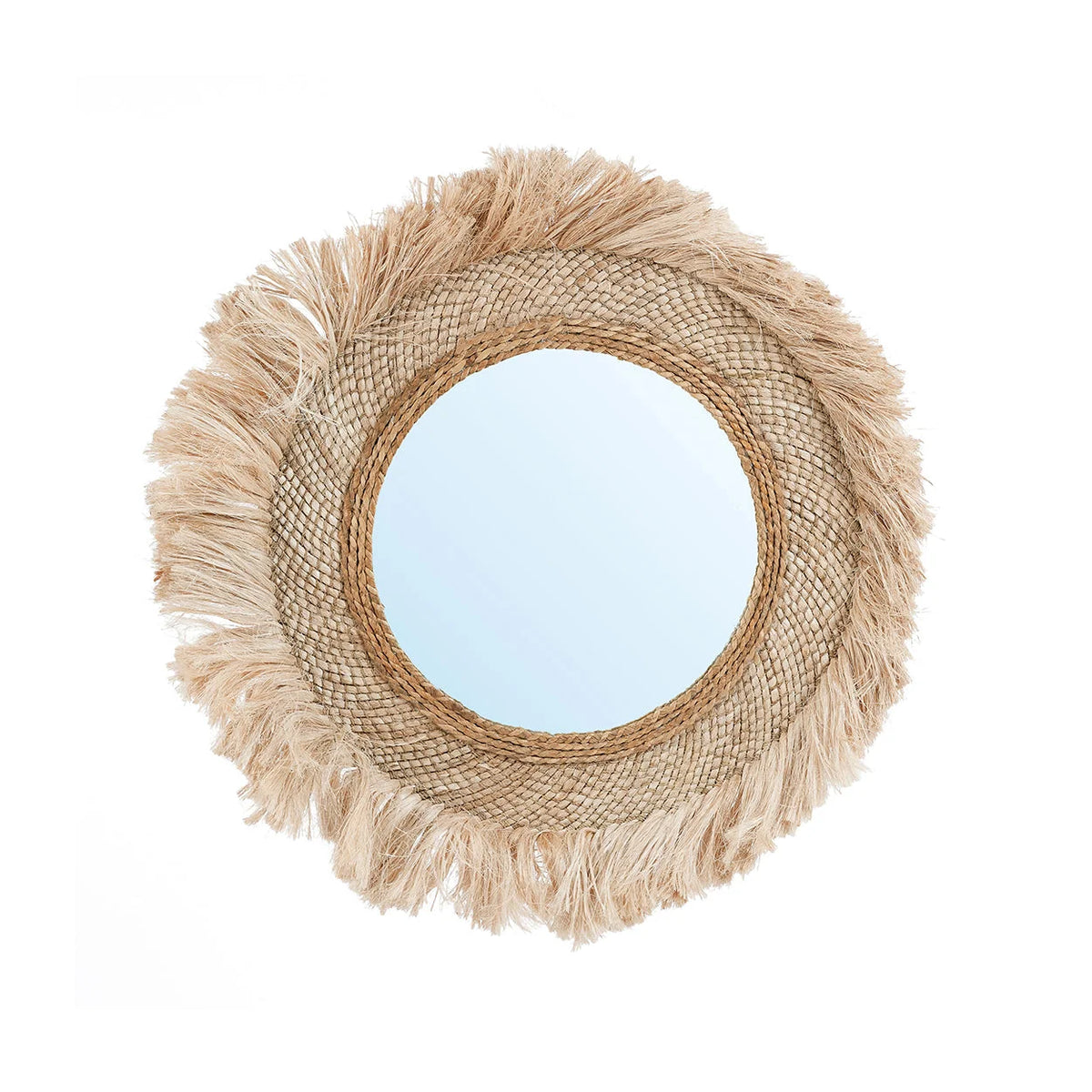 Miroir rond en fibres naturelles avec franges soleil, Ø85 cm