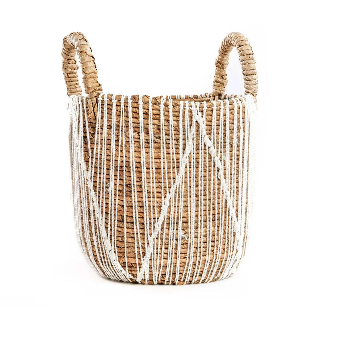 Panier en jonc de mer tressé & macramé avec poignées – H40 cm