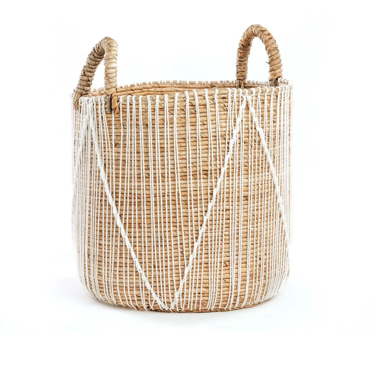 Panier en macramé cylindrique en jonc de mer naturel et blanc avec poignées – H45 cm