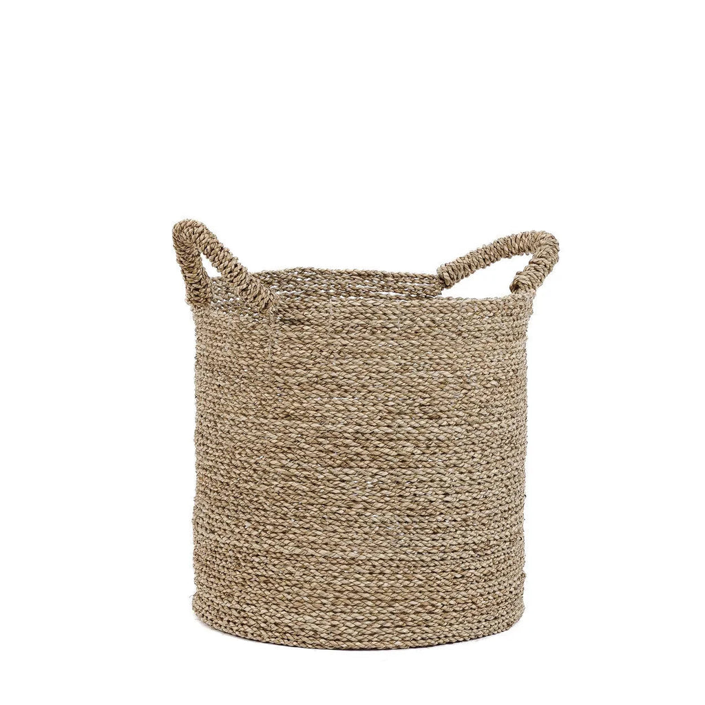 Panier de rangement rond en jonc de mer tressé naturel avec anses