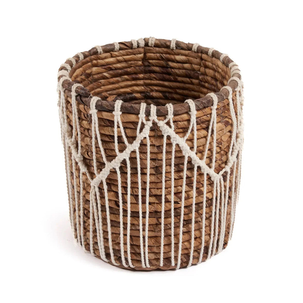 Panier rond en feuilles de bananier & macramé naturel blanc tressé