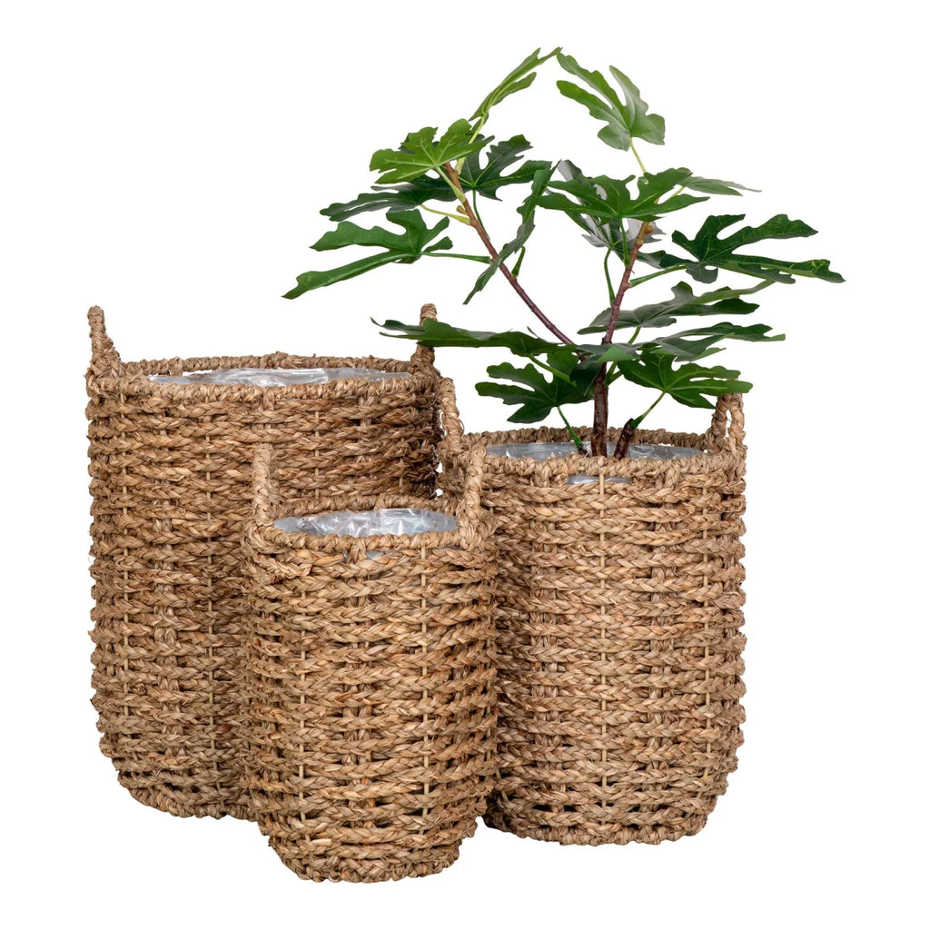 Lot de 3 paniers ronds en jonc de mer naturel tissé avec anses et doublure plastique