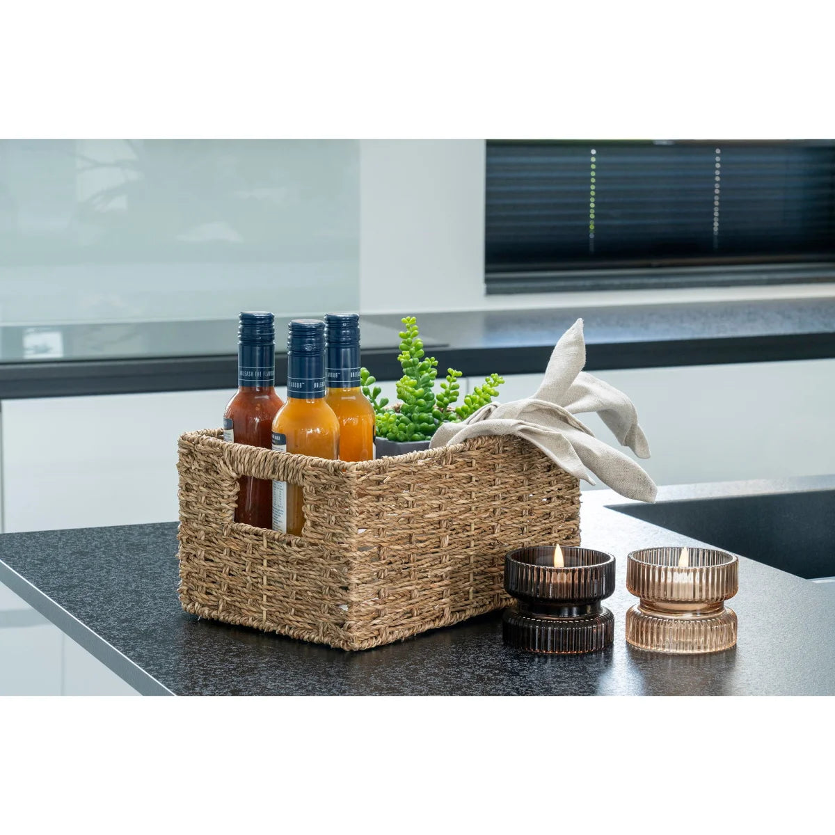 Panier rectangulaire en fibre naturelle avec anse intégrée, set de 2